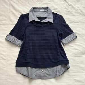 Axes Femme Navy sweater and chambray short sleeve prestyled blouse with ruffles
